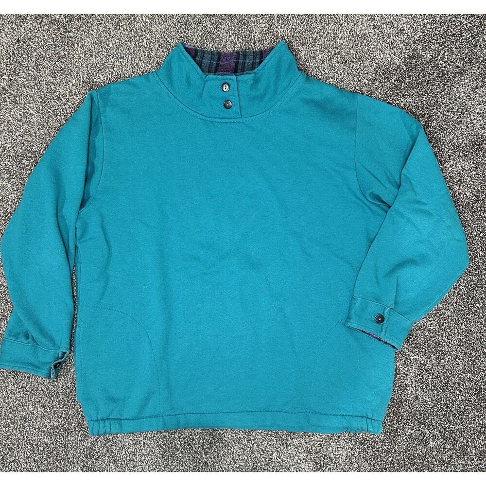 Vintage Metropolitan Teal Turquoise Sweatshirt‎ Plaid Trim Size Large Turtleneck
